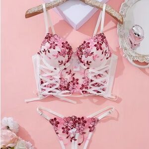 🌸 Dreamy Pink Floral Embroidery Corset Panties Set 🌸 Size XL NWOT